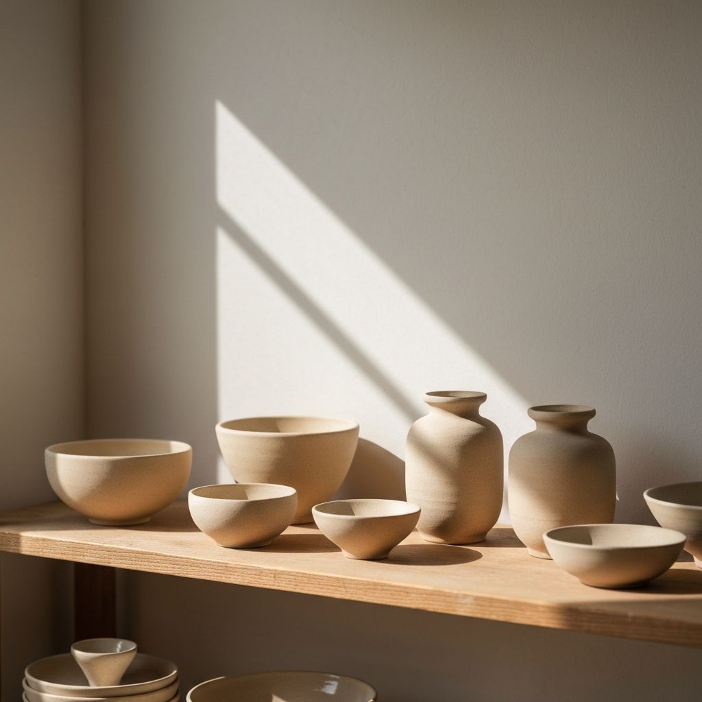 Handmade ceramic pieces in warm natural light